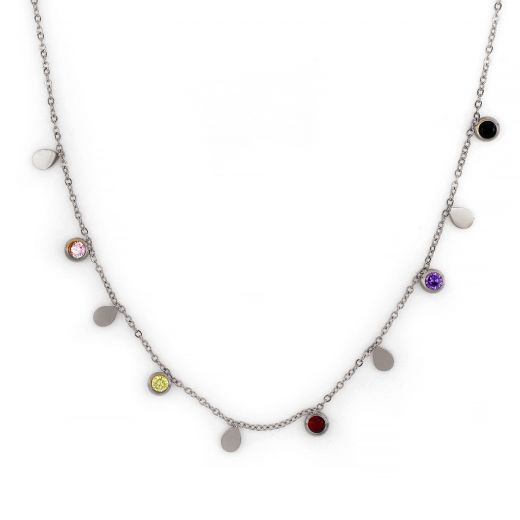 Necklace made of stainless steel with tears and multicolored cubic zirconia.