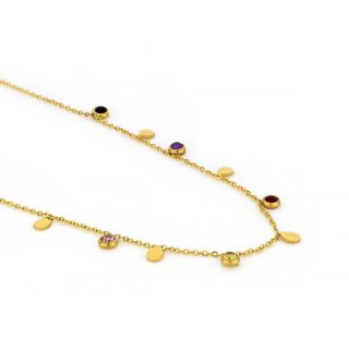 Necklace made of gold plated stainless steel with drops and multicolored cubic zirconia. - 