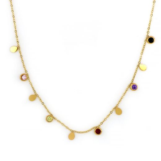 Necklace made of gold plated stainless steel with drops and multicolored cubic zirconia.