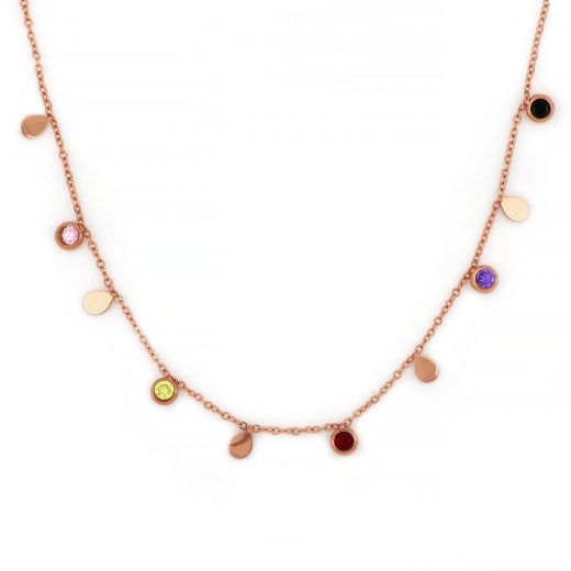 Necklace made of rose gold stainless steel with drops and multicolored cubic zirconia.