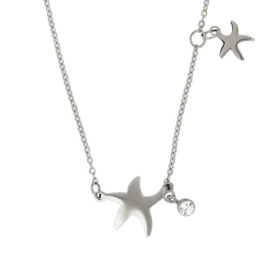 Necklace made of stainless steel with two starfishes and white strass.