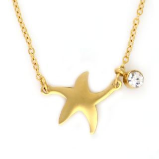 Necklace made of gold plated stainless steel with two starfishes and white strass. - 