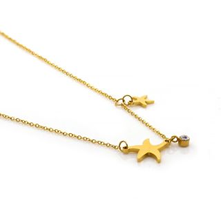 Necklace made of gold plated stainless steel with two starfishes and white strass. - 