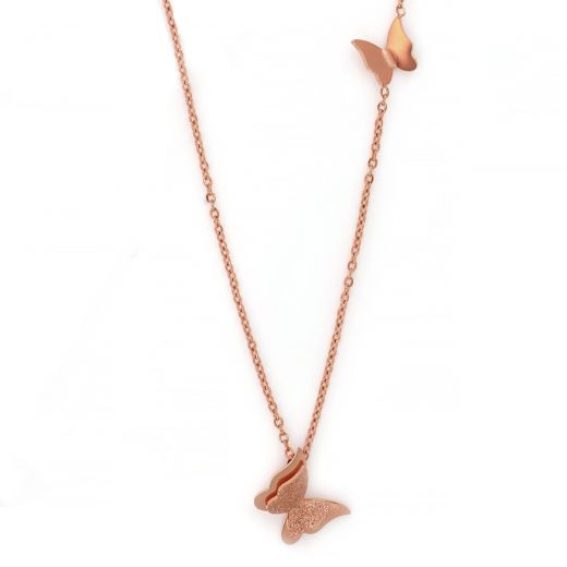 Necklace made of rose gold stainless steel with two butterflies.