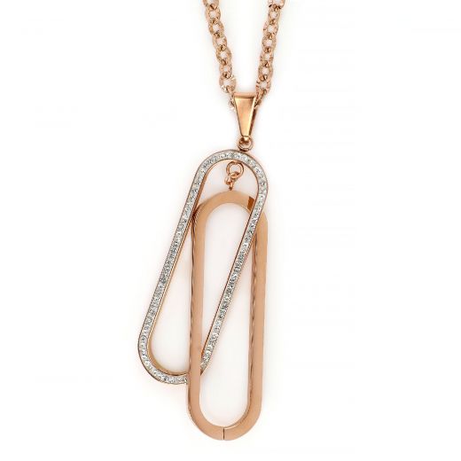 Necklace made of rose gold stainless steel with two motif and white cubic zirconia.