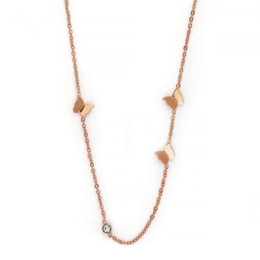Necklace made of rose gold stainless steel with small butterflies.
