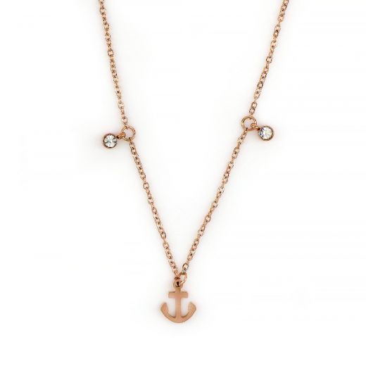 Necklace made of rose gold stainless steel with small anchors.