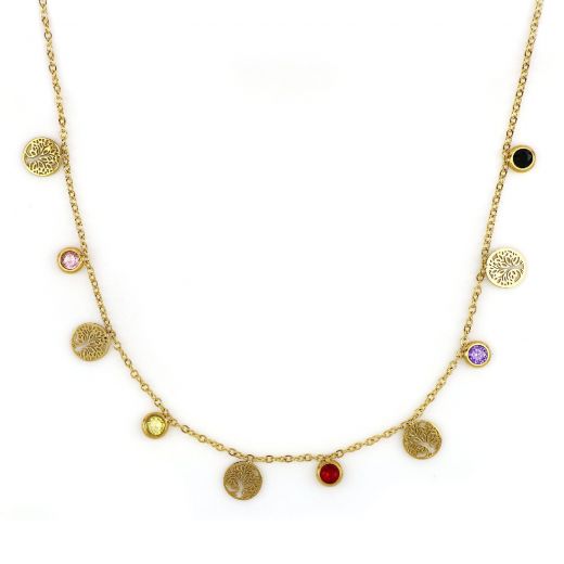 Necklace made of gold plated stainless steel with trees of life and white cubic zirconia.