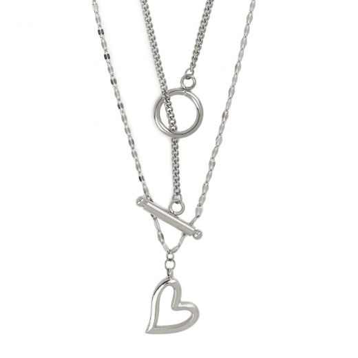 Steel necklace with double chain hoop and heart