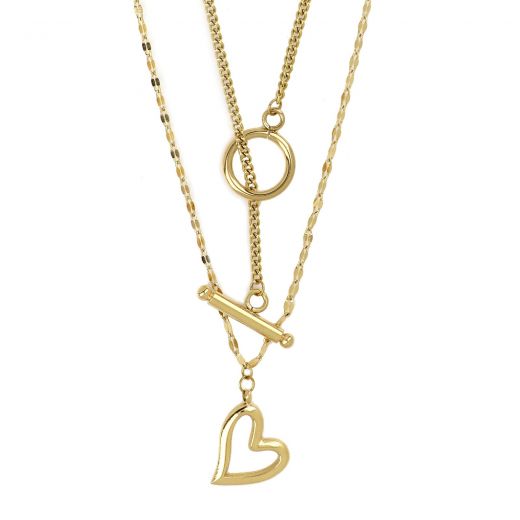 Steel necklace gold plated with double chain hoop and heart