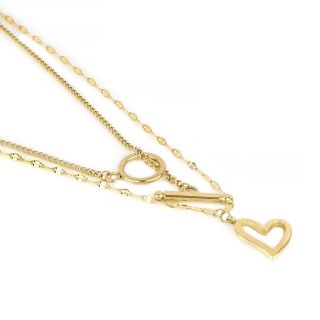 Steel necklace gold plated with double chain hoop and heart - 