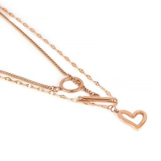 Steel necklace rose gold plated with double chain hoop and heart - 