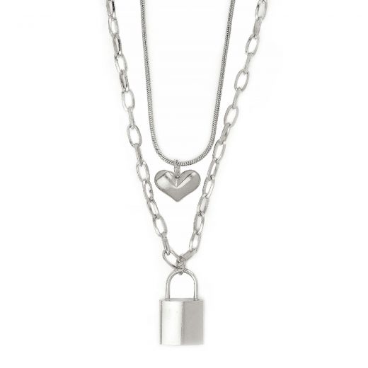 Steel necklace with double chain with padlock and heart design