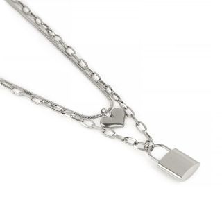 Steel necklace with double chain with padlock and heart design - 