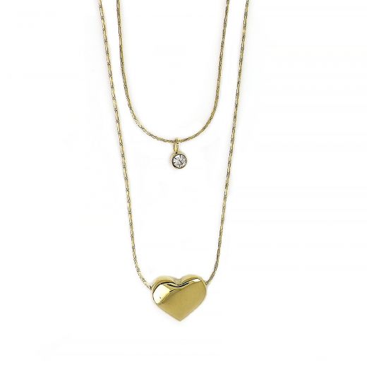 Necklace made of stainless steel gold plated with double chain heart and white cubic zirconia