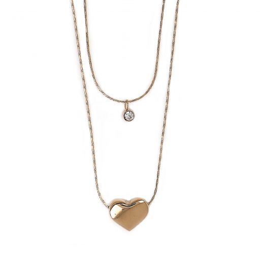 Necklace made of stainless steel rose gold plated, with double chain heart and white cubic zirconia