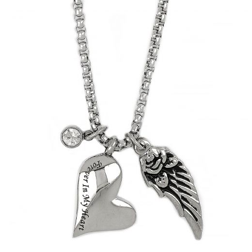 Necklace made of stainless steel with white cubic zirconia, heart and angel wing