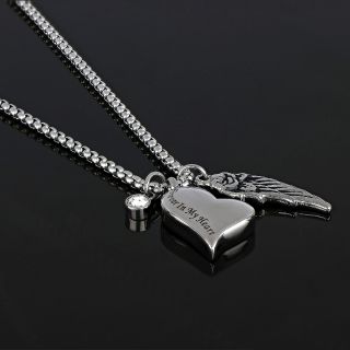 Necklace made of stainless steel with white cubic zirconia, heart and angel wing - 