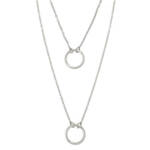 Necklace made of stainless steel with double chain and two hoops