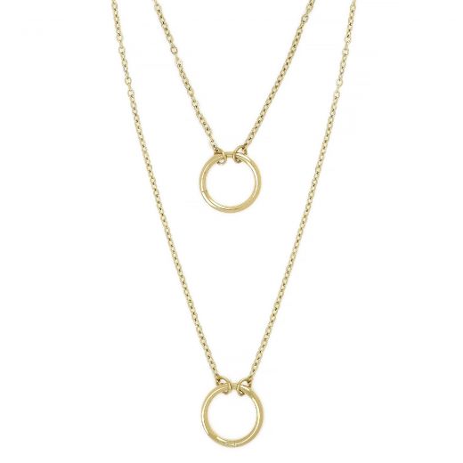 Necklace made of gold plated stainless steel with double chain and two hoops