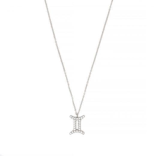 Necklace made of stainless steel with white cubic zirconia and Gemini star sign