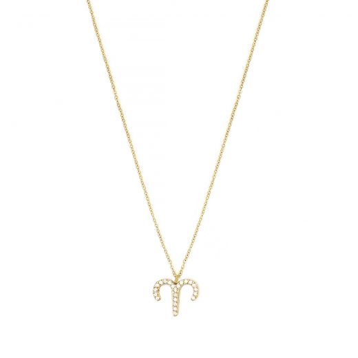 Necklace made of stainless steel gold plated with white cubic zirconia and Aries star sign