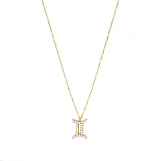 Necklace made of stainless steel gold plated with white cubic zirconia and Gemini star sign