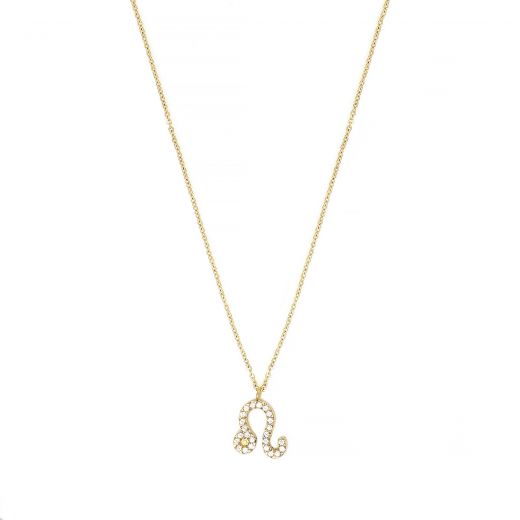 Necklace made of stainless steel gold plated with white cubic zirconia and Leo star sign