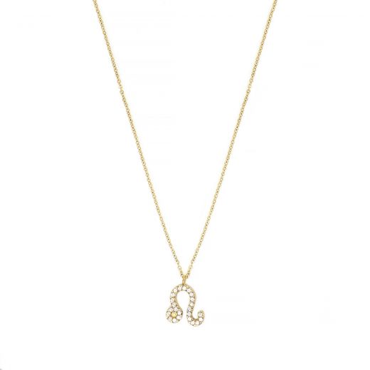Necklace made of stainless steel gold plated with white cubic zirconia and Leo star sign