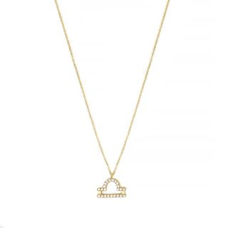 Necklace made of stainless steel gold plated with white cubic zirconia and Libra star sign