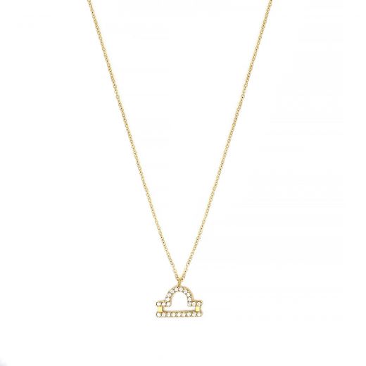 Necklace made of stainless steel gold plated with white cubic zirconia and Libra star sign