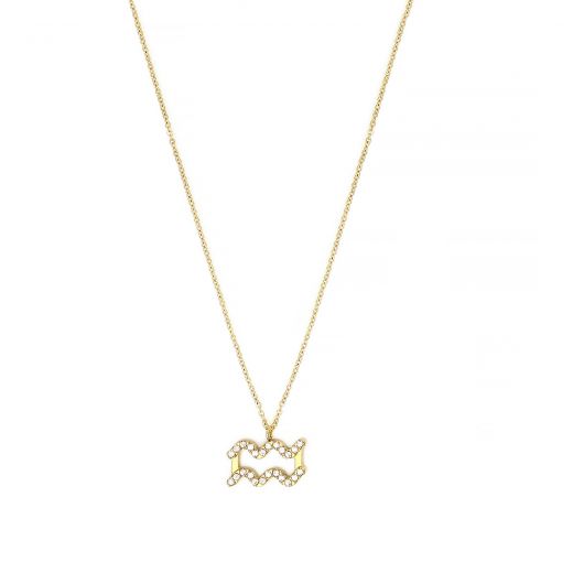 Necklace made of stainless steel gold plated with white cubic zirconia and Aquarius star sign