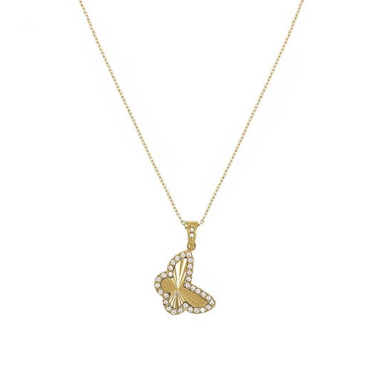 Necklace made of stainless steel  gold-plated butterfly with white zircons.