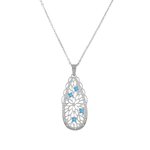 Necklace made of stainless steel teardrop design with inner flower and blue zircon