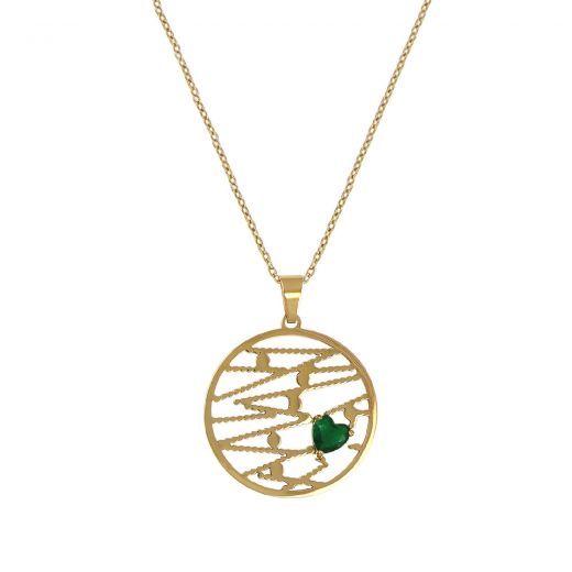 Necklace with circular element gold plated stainless steel with heart green zircon.