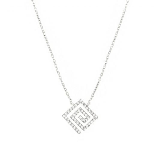 Stainless steel necklace with rhombus-shaped spiral and white zircons