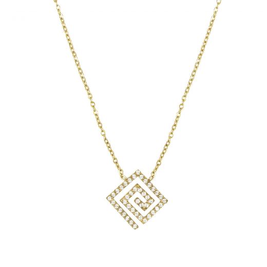 Gold-plated stainless steel necklace with a rhombus-shaped spiral and white zircons
