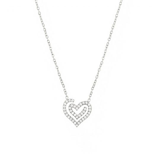 Stainless steel necklace with heart and white zircons