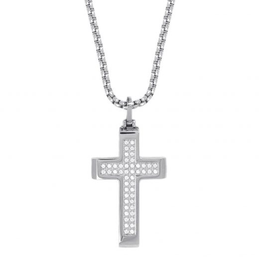 Σταυρός ατσάλινος με αλυσίδα με λευκά ζιργκόν