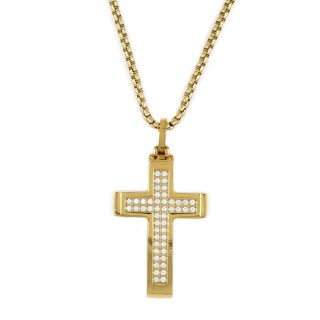 Σταυρός ατσάλινος επίχρυσος με αλυσίδα με λευκά ζιργκόν