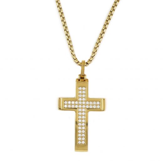 Σταυρός ατσάλινος επίχρυσος με αλυσίδα με λευκά ζιργκόν