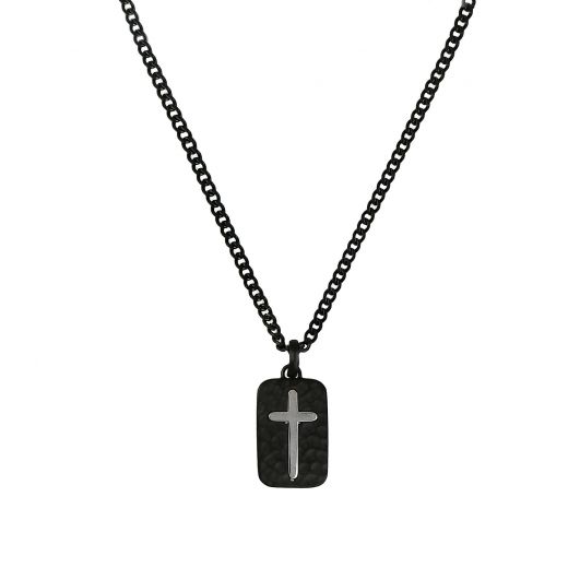 Men's black steel pendant with cross and chain
