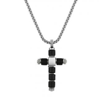 Men's two-tone stainless steel cross, silver-black, with chain