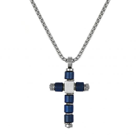 Men's stainless steel cross, two-tone silver-blue with chain