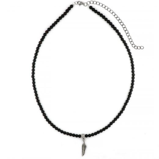 Men's necklace with black onyx and stainless steel hanging leaf