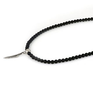 Men's necklace with black onyx and stainless steel hanging leaf - 