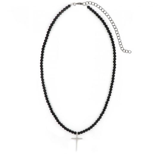 Men's necklace with black onyx and thin stainless steel cross