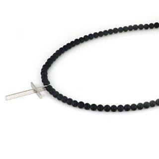 Men's necklace with black onyx and thin stainless steel cross - 