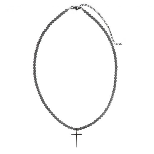 Men's necklace with hematite and thin black stainless steel cross