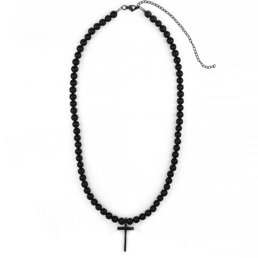 Men's necklace with black agate and stainless steel black cross